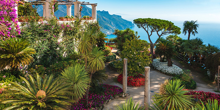 The beautiful gardens of Villa Rufolo in Ravello, Amalfi Coast in Italy.Picturesque view of the wonderful Villa Rufolo in Ravello on the Amalfi Coast,Campania,Italy 