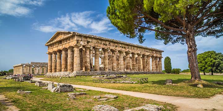 Temple of Hera at famous Paestum Archaeological UNESCO World Heritage Site, which contains some of the most well-preserved ancient Greek temples in the world, Province of Salerno, Campania, Italy