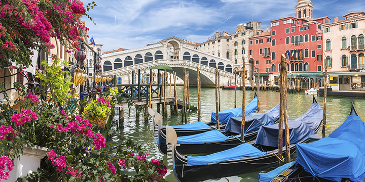 Landscape with gondola on Grand Canal, Venice, Italy