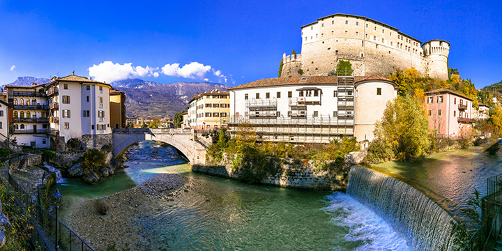 Rovereto - beautiful historic town in Trentino-Alto Adige Region of Italy. View with medieval castle and bridge