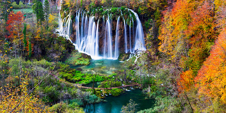 Autum colors and waterfalls of Plitvice National Park in Croatia