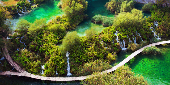 Waterfalls, lakes in forest. Crystal clear water. Plitvice lakes, Croatia