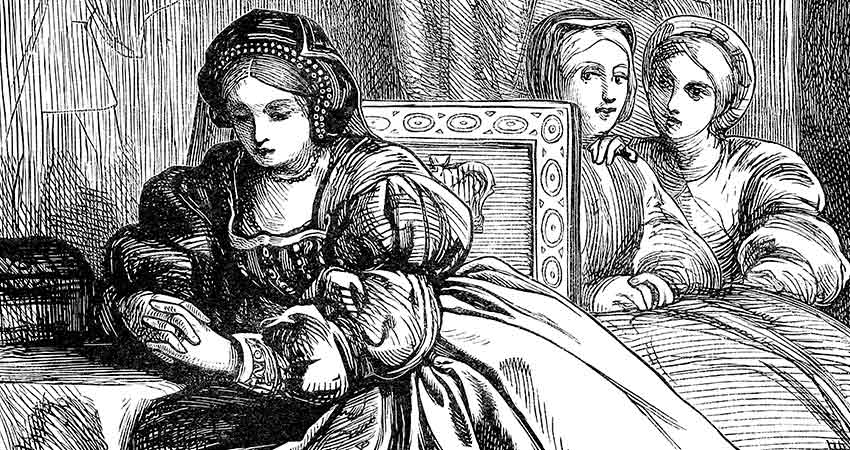 Vintage black-and-white illustration of Anne Boleyn seated in a gown, with two women behind her.