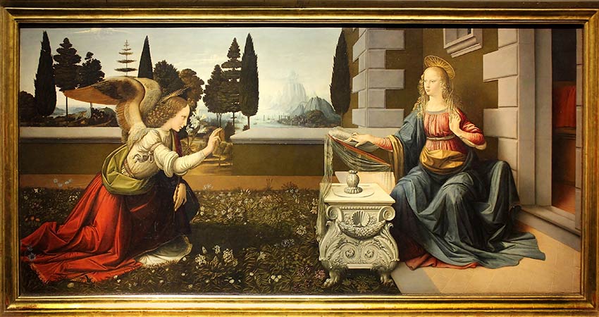 Leonardo da Vinci’s painting The Annunciation displayed at the Uffizi Gallery in Florence, Italy