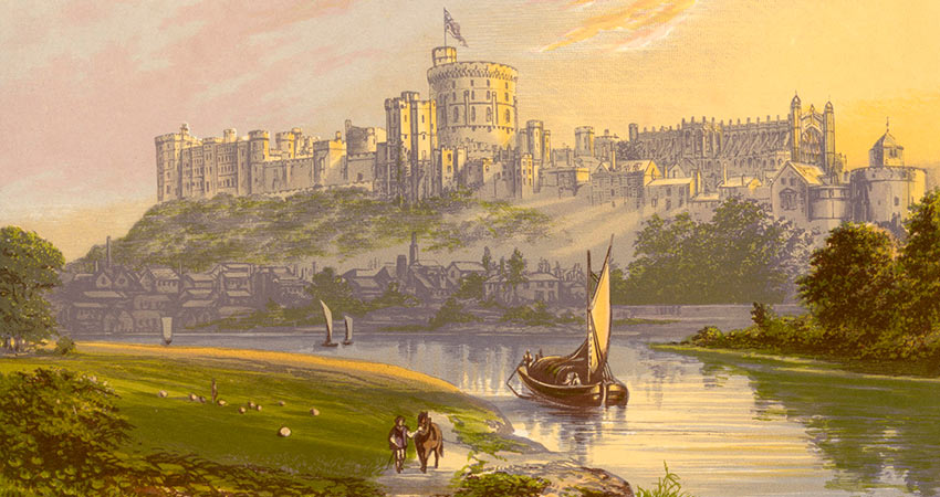 Historic painting of Windsor Castle with boats on the River Thames