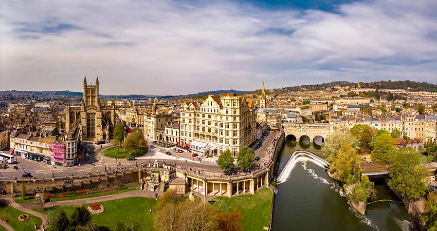 Aerial view of Bath, England with Bath Abbey and Pulteney Bridge