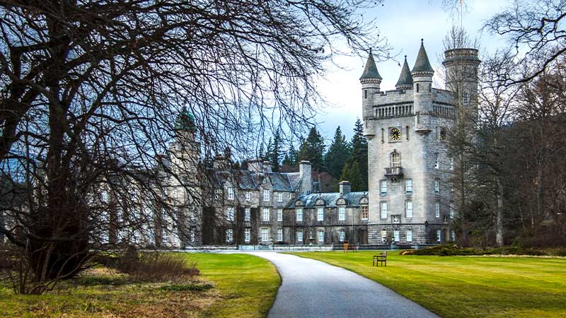 path leading to Balmoral castle entrance during the fall season