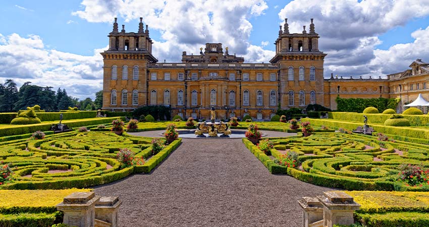View of Blenheim Baroque architectural Palace with formal garden