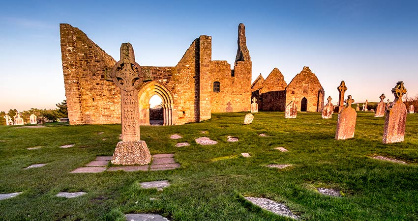 Image showing ruins of Clonmacoise during sunset