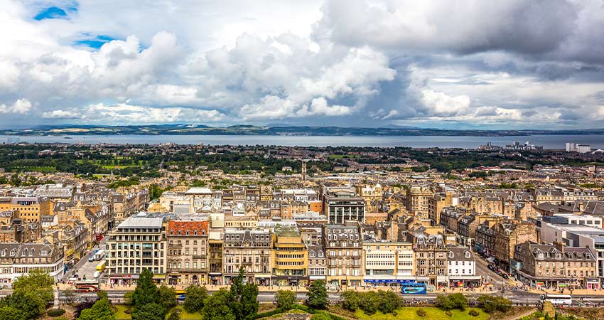 Aerial view of Edinburgh new town view as seen from Edinburgh castle