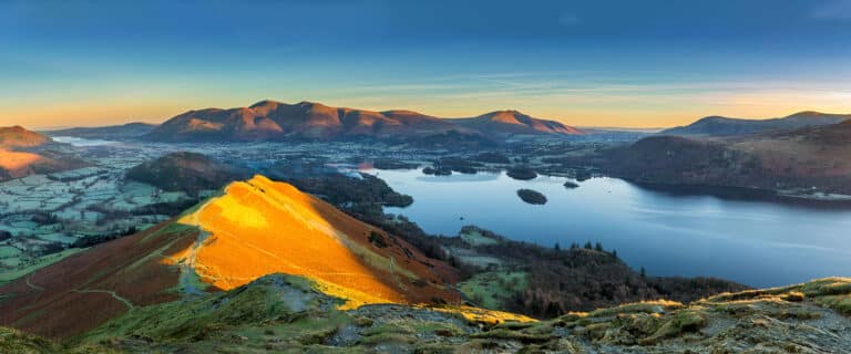 Gorgeous aerial view of the lake district during sunset