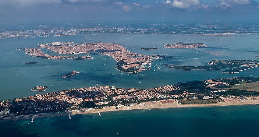 Aerial view of the Venetian Lagoons in Italy