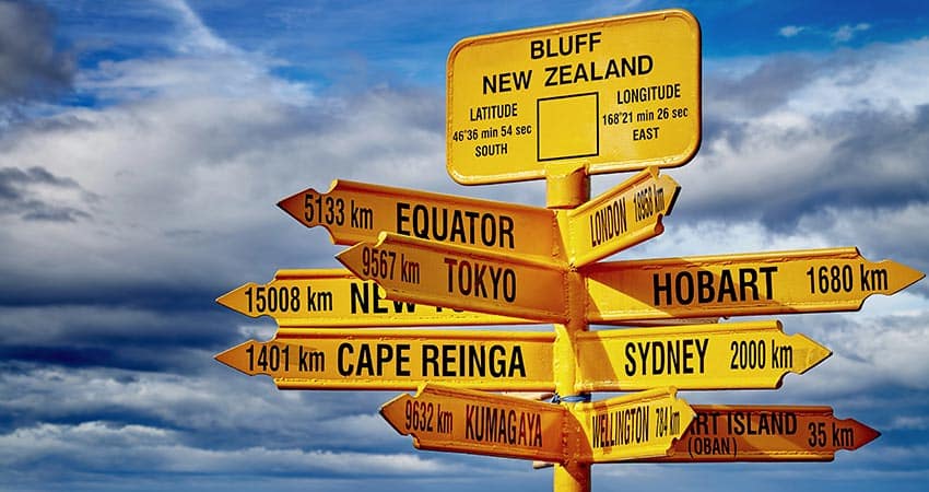 Multi-country sign post pointing in every direction