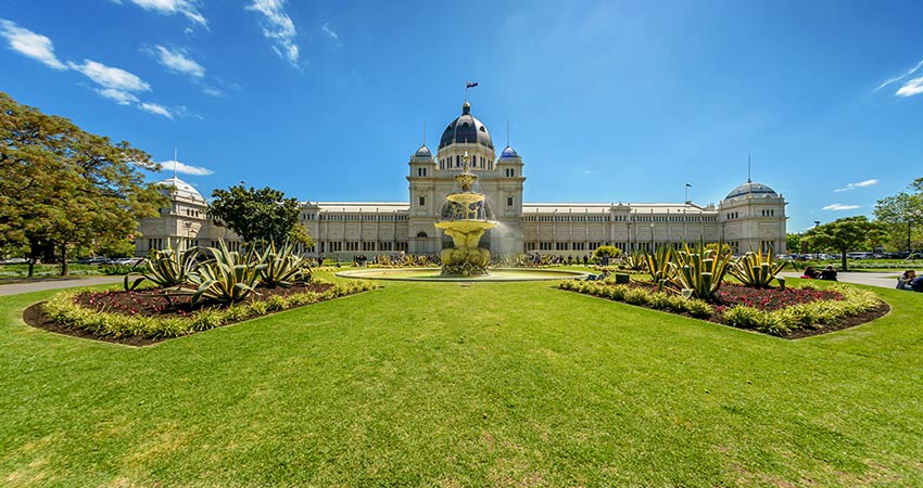 Wide angle view of the Royal Exhibition building and the Royal Gardens