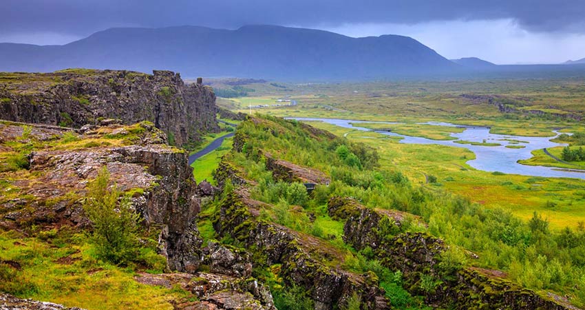 View of Thingvellir National Park during a rainy day