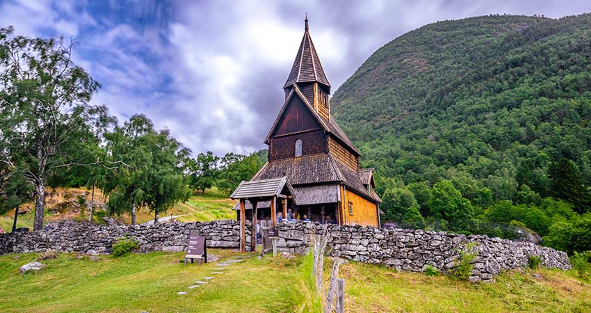 View of Urnes Stave Church in the village of Ornes 