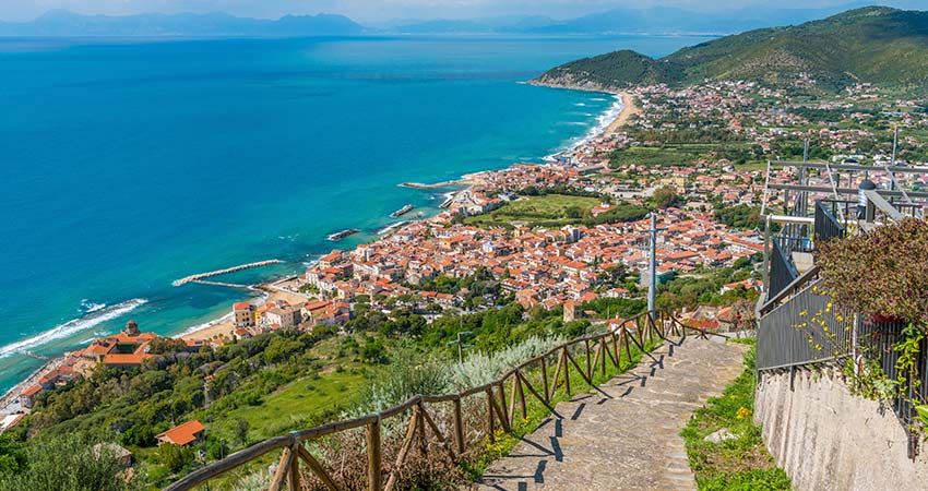 Panoramic view of the Cilento coastline from Castellabate Campania, Italy