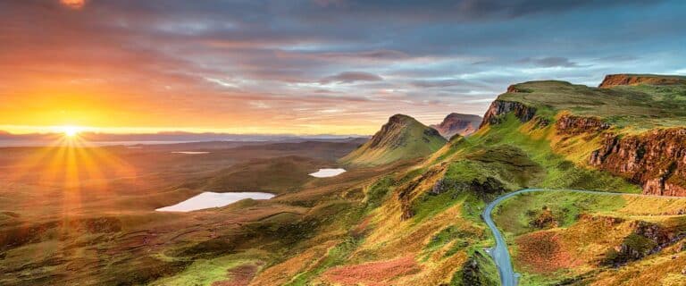Aerial view showing beautiful landscape on the island of Skye in Scotland during sunset