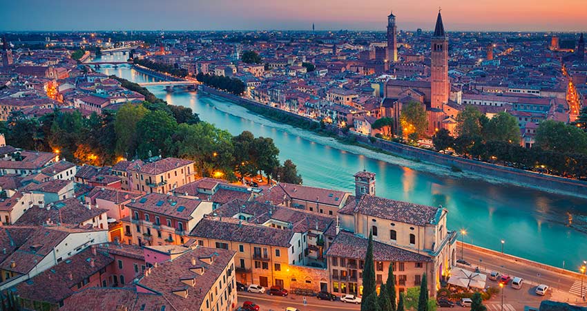 Aerial view of the city of Verona at night