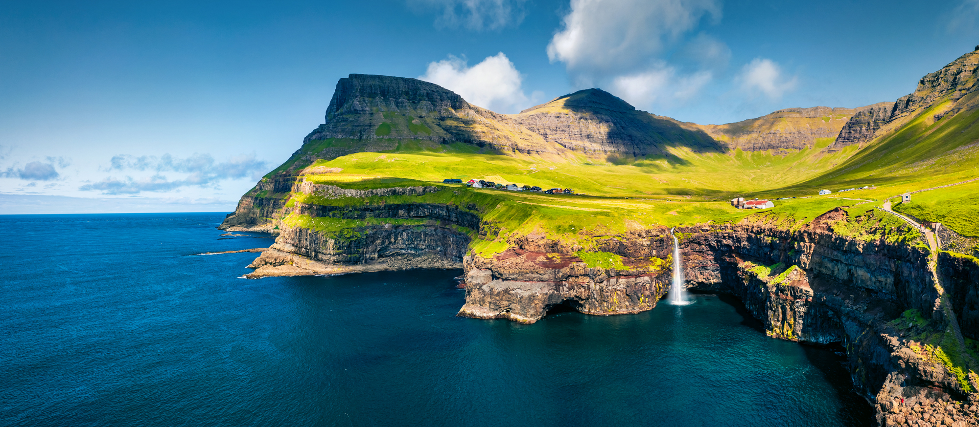 Mulafossur Waterfall on Vagar island, Faroe Islands, Denmark